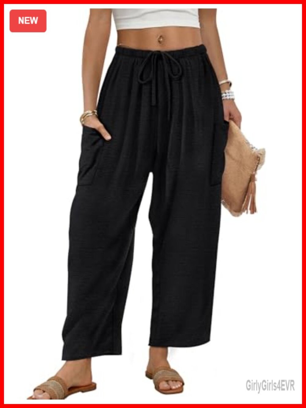 Sampeel Wide Leg Palazzo Pants Drawstring Elastic Waist Trousers Pockets